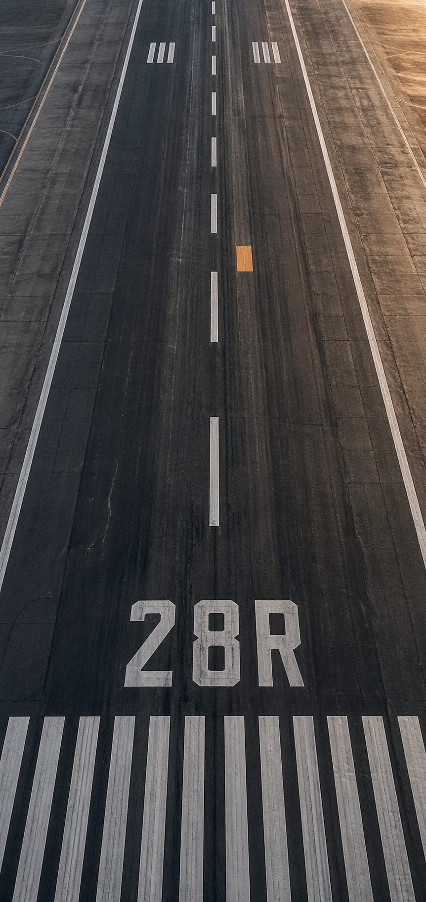 Runway 28R threshold at San Francisco International from above: black asphalt, painted threshold bars, the numerals 28R and a single small painted orange touchdown-zone marker
