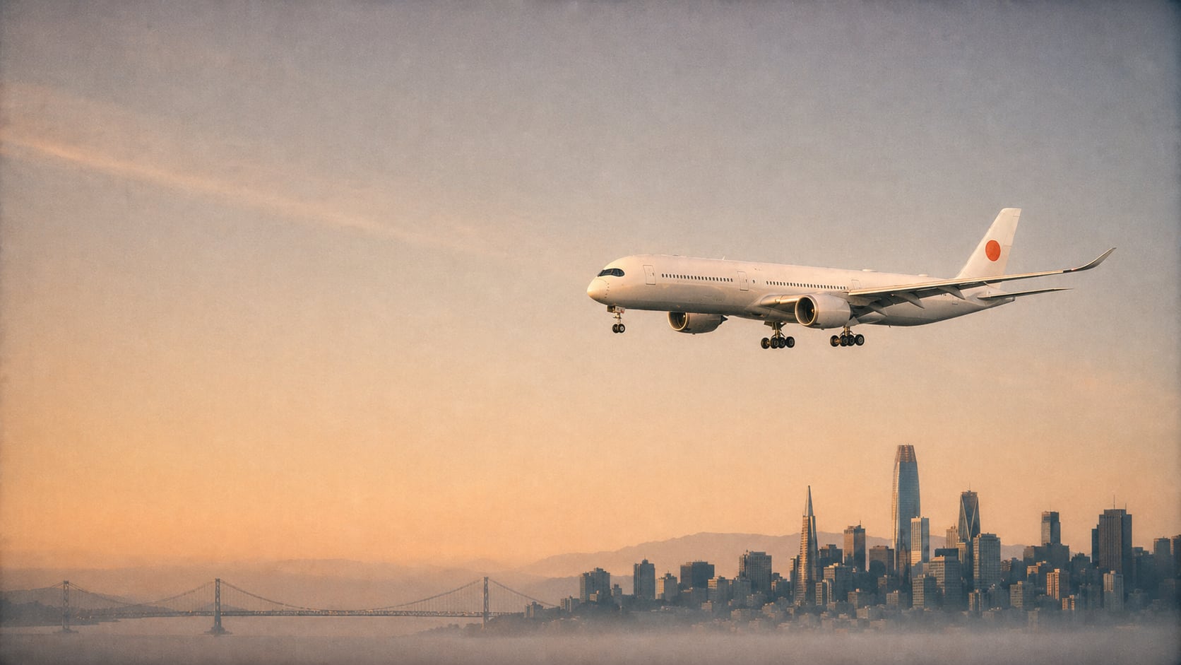 A FlyLo Airbus A350-1000 in off-white livery descending toward San Francisco at golden hour: the Bay Bridge to the left, the city skyline rising from a marine layer to the right, peach-to-dove sky